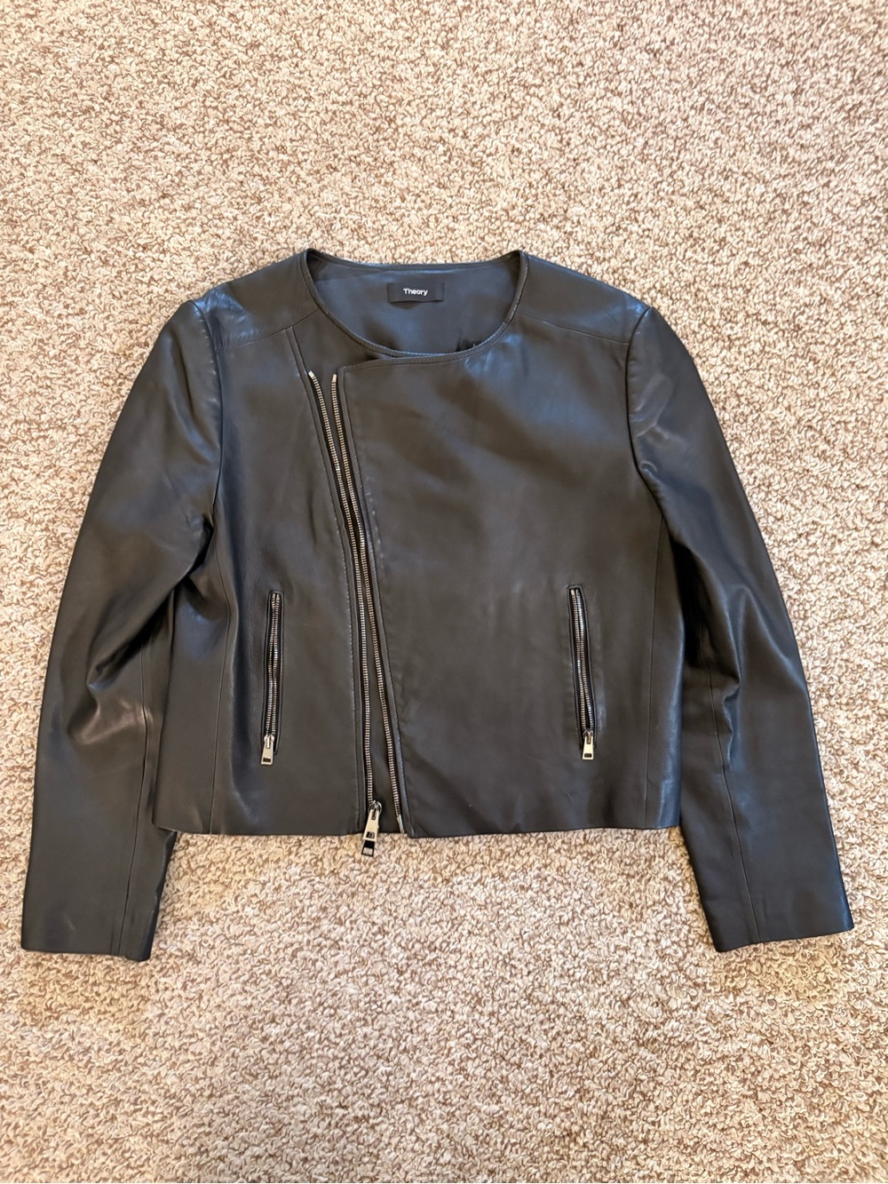 Theory Black Leather Asymmetric Zip Jacket